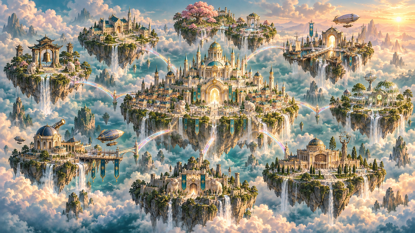 云海之上的猪猪王国全景：九个地区以珍珠色愿线桥连接
